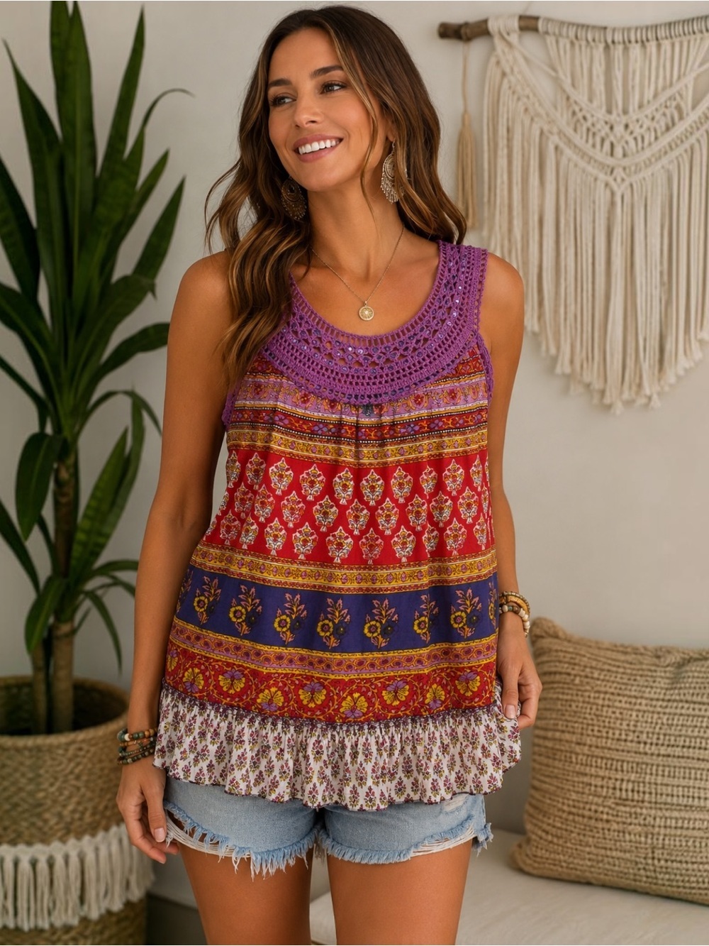 Jasmine NWT Boho Crochet Sleeveless Tunic Top Large 100% Cotton Made India